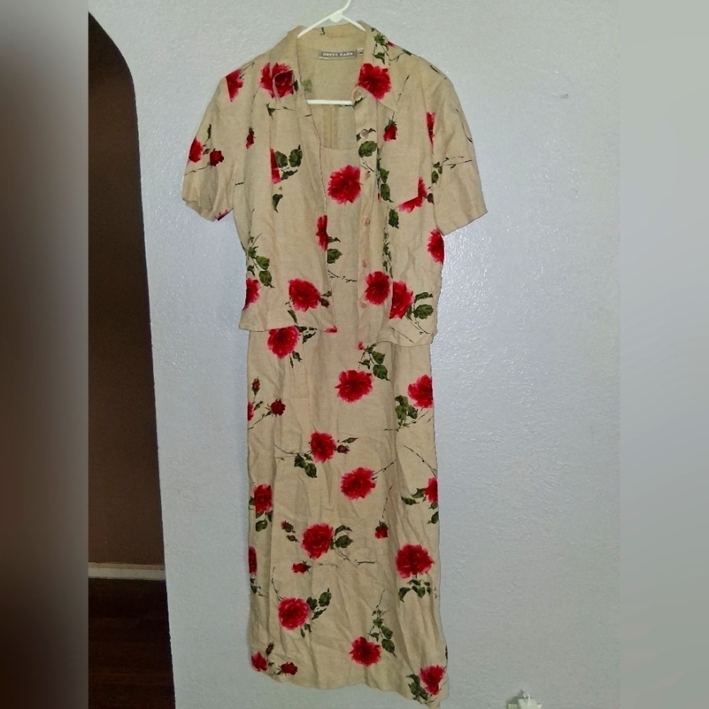 Vintage 90's Dress Barn Linen Blend Floral Rose Maxi 2 Peice Set 4